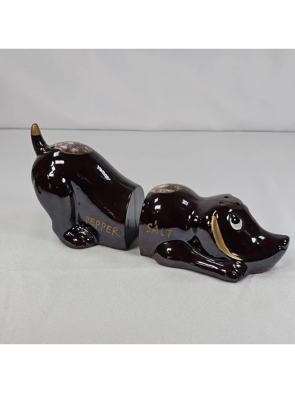 Vintage Redware Dachshund Dog Salt and Pepper Shakers Made In Japan